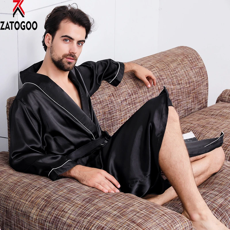 Mens Robe Lightweight Bathrobe Long Sleeve Silk Nightgown Thin Sleepwear Plus Size Sleepwear Black Mens Robe Lightweight Bathrobe Long Sleeve Silk Nightgown Thin Sleepwear Plus Size Sleepwear Black