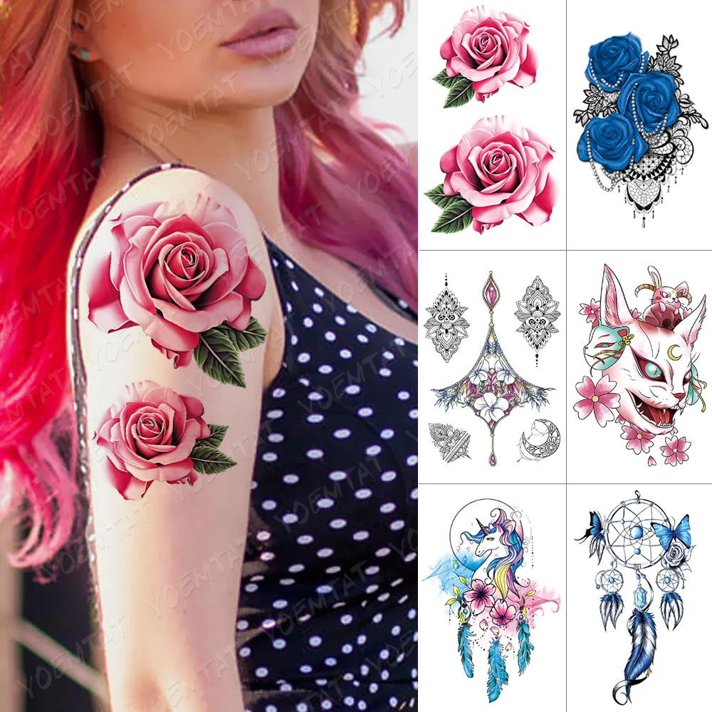 Waterproof Temporary Tattoo Sticker Pink Blue Rose Flower Flash Tattoos Unicorn Dreamcatcher Body Art Arm Fake Tatoo Women Men | Красота и