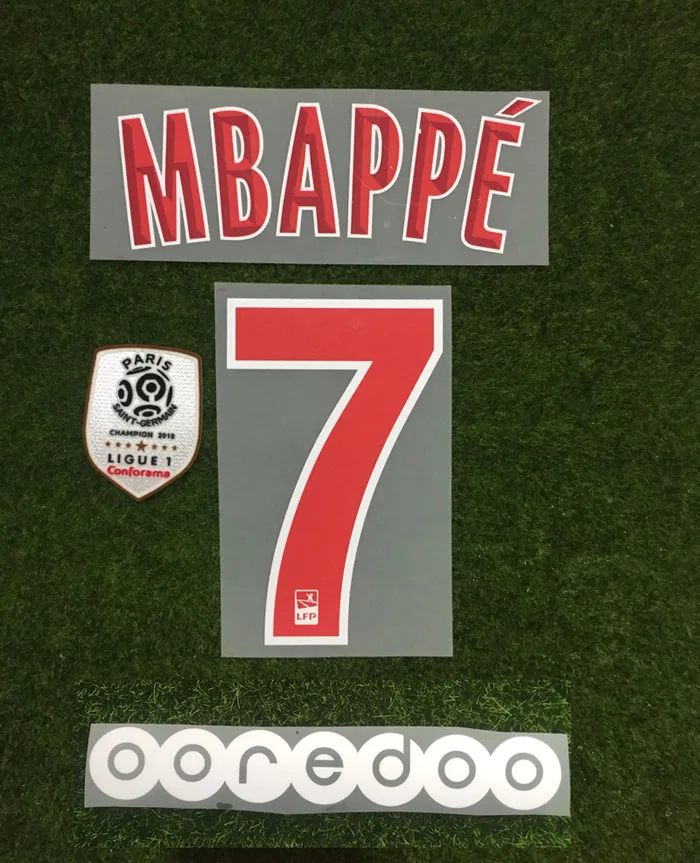 MBAPPE#7 Nameset#10 NEYMAR JR имя номер Ligue 1 Чемпион патч+ значок OOREDOO