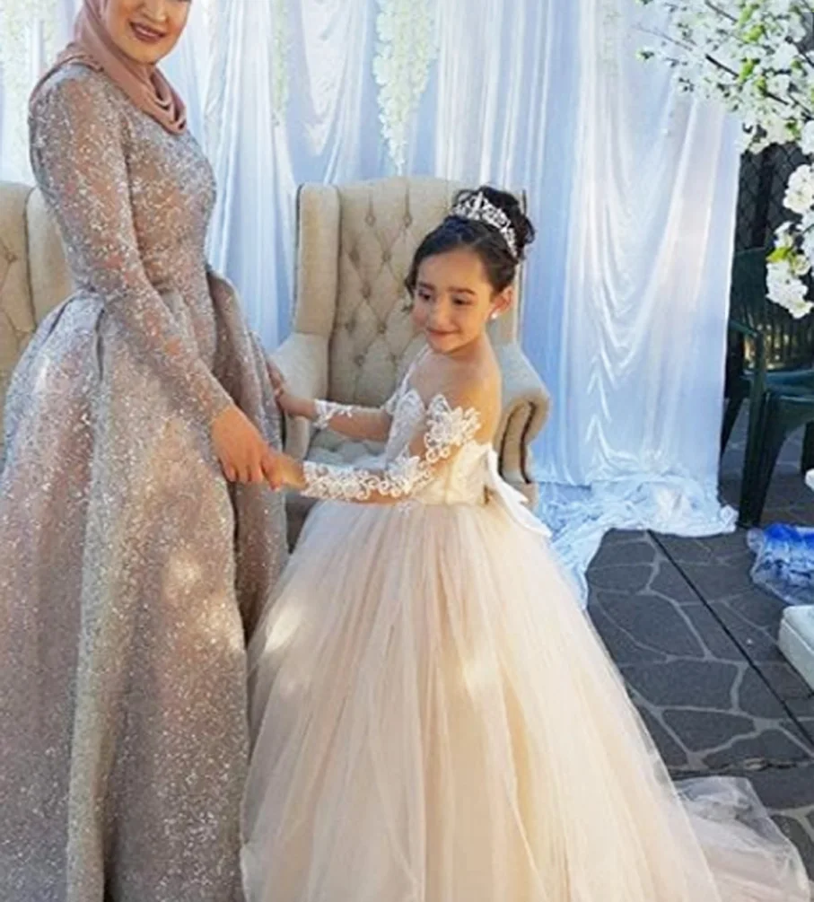 Платье с цветочным узором для девочек Одежда для свадебного торжества на день рождения платье-пачка принцессы с блестками и аппликацией, кружевное платье с бантом для первого причастия