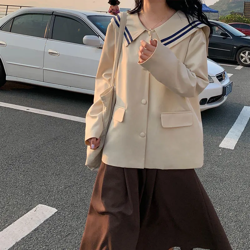 

Photo Shoot South Korea Early Autumn New Style Loose-Fit Versatile College Style Navy Collar Long Sleeve Suit Jacket Women's