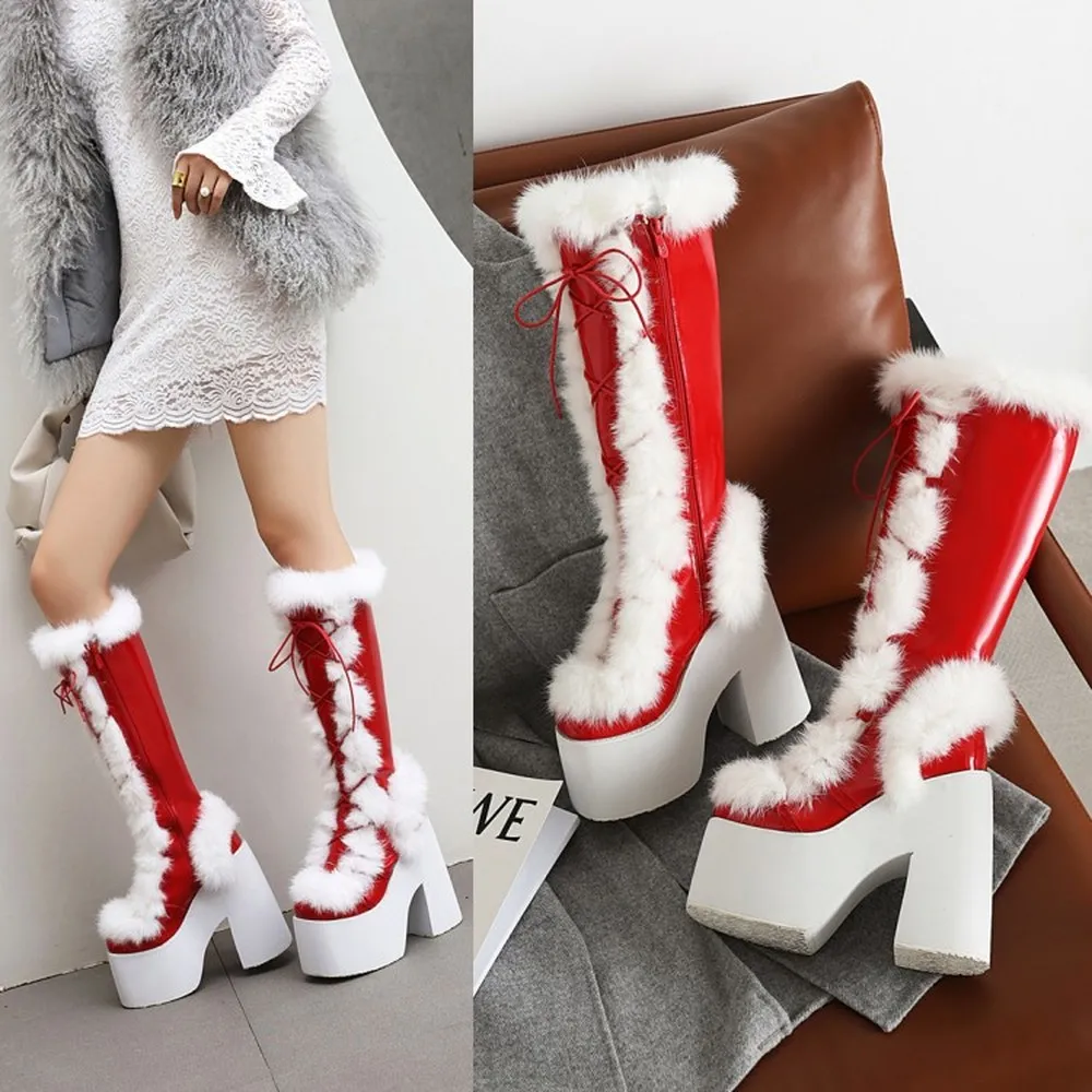 OX Tendon Women's Plush White Fur Platform Boots With Cushioned Insole and 8.5 cm Heel
