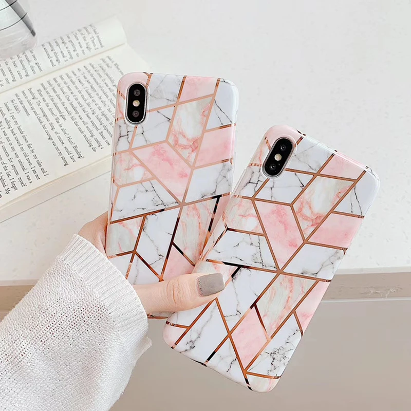 

Geometric Marble Texture Phone Cases For iPhone XR XS Max 6 6S 7 8 Plus X Soft IMD Electroplated Back Cover Coque Gift