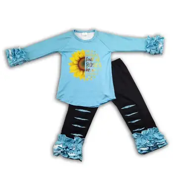 

China Cheap price Fall Winter Baby Clothes Girl Sunflower Printe blue Outfit 88
