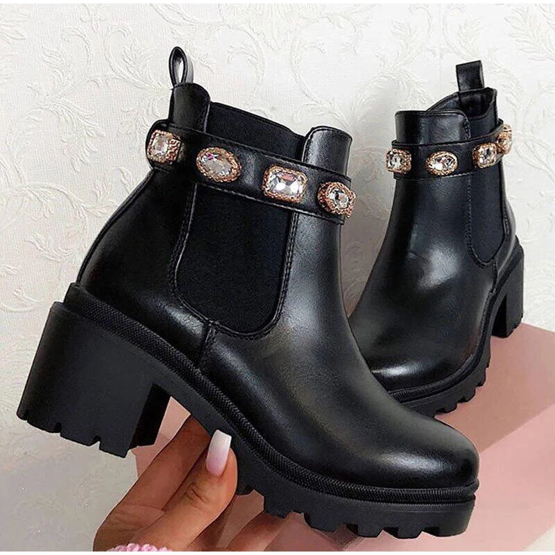 2021 New Women Ankle Boots Crystal Rhinestone Slip On Platform PU Leather Women's Booties Spring Autumn Females Footwear Plus Si Boots near me