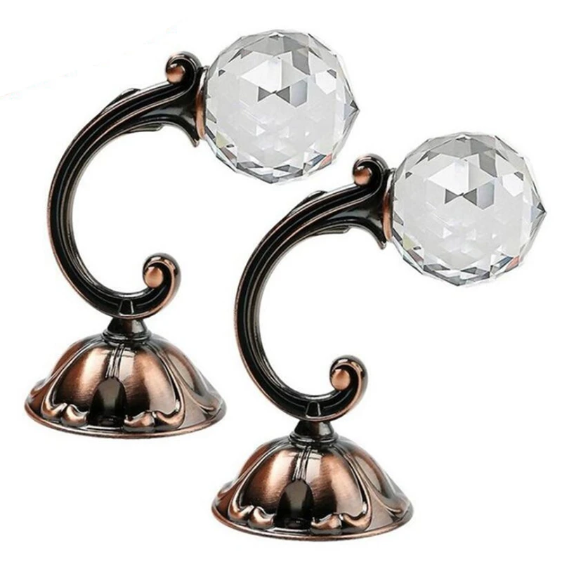 2Pcs Large Curtain Holdback Wall Tie Back Hooks Metal Crystal Glass