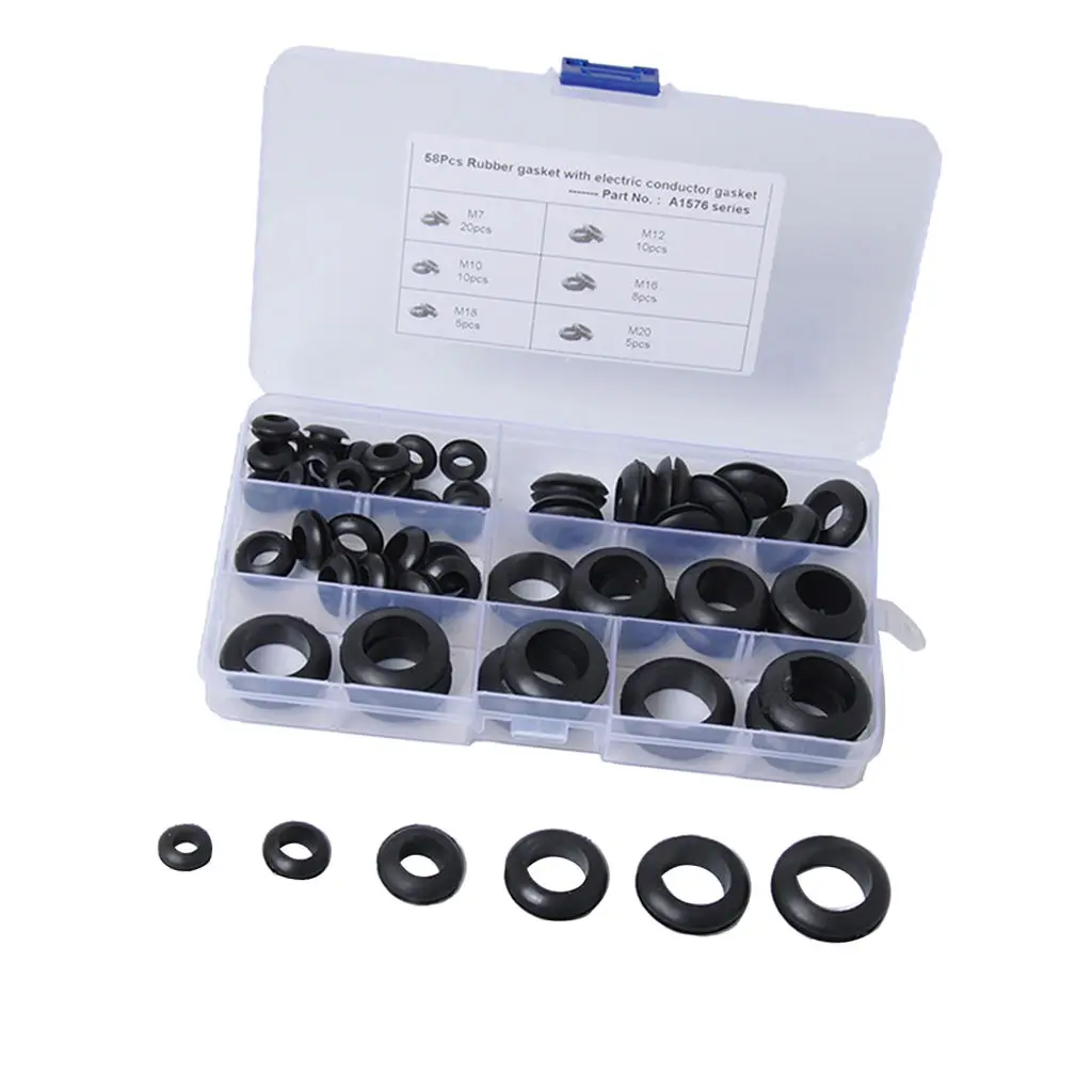 58 Pcs/Set 6 Kinds Double Sides O Ring Rubber Grommet Washer Gasket Seals Assortment Wiring Coil Gasket For Cables Wires