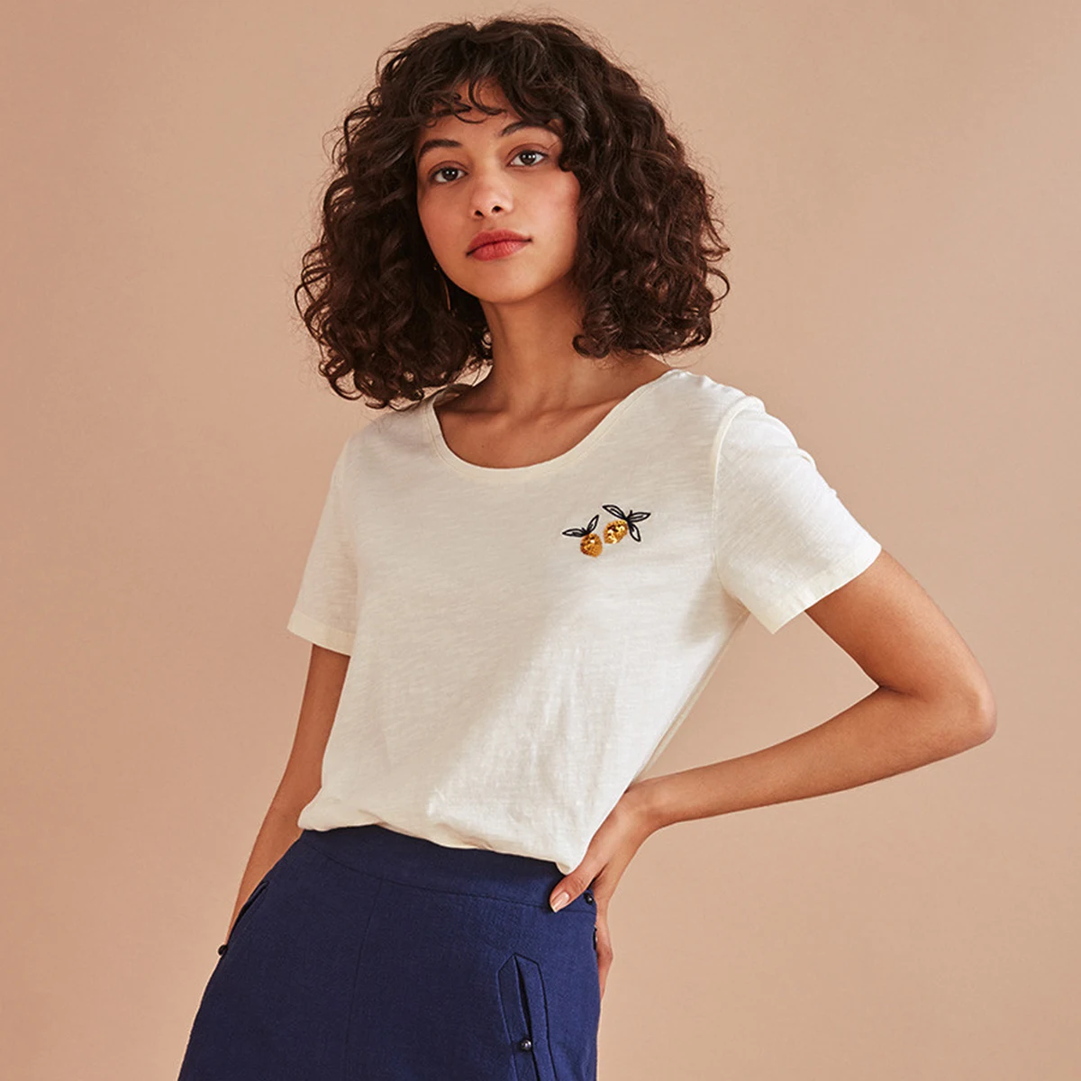 Lemons Embroidery T Shirt Women Summer Short