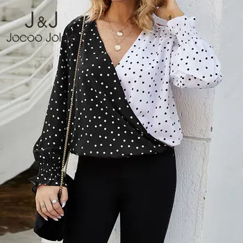

Jocoo Jolee Women Fashion Long Sleeve Polka Dot V Neck Patchwork Loose Blouse Casual Color Block Elegant Office Shirt 2020 New