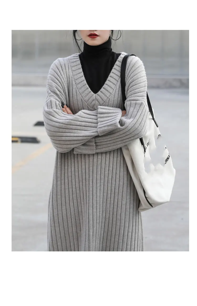 HG Fashion Elegant V Neck Women Dress Loose Plus Size Knit Ladies Dresses Wild Lazy Oaf Autumn Winter Clothes Women XJ2640