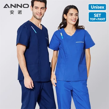

ANNO Medical Scrubs with Contrast Color Nursing Scrubs Dress Women Men Nurse Uniform Blue Surgery Clothing Tops Pants