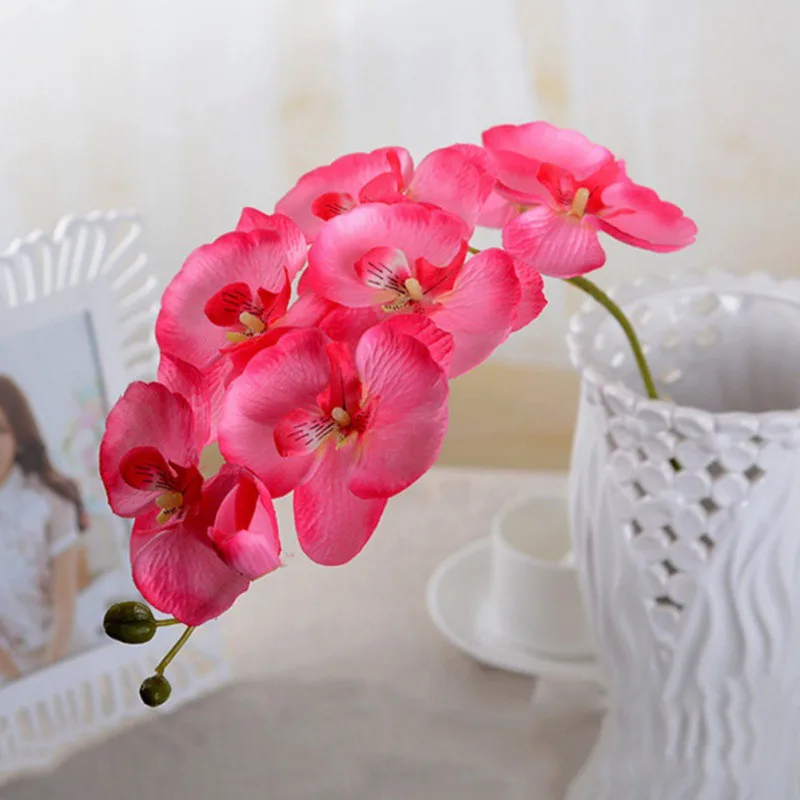 Горячая Распродажа, Орхидея фаленопсис, шелк, настоящий цветок, белый искусственный цветок, свадебные цветы, орхидеи, Цветочный, для рождественской вечеринки, дешево