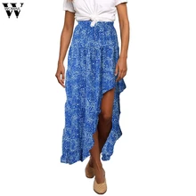 Женская красная богемная юбка до середины икры с оборками, асимметричная юбка с цветочным принтом и высокой талией, летний сарафан