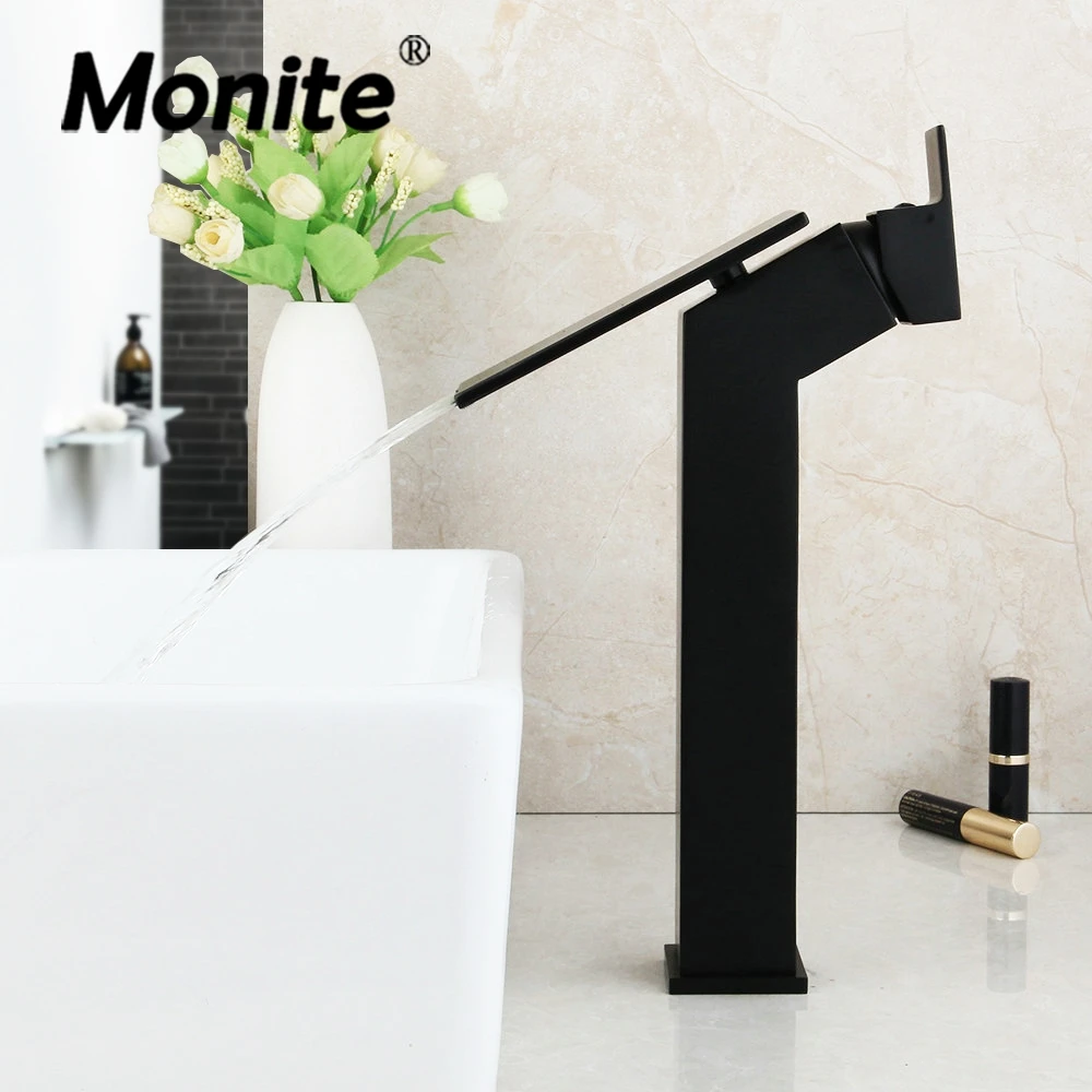 Monite Waterfall Bathroom Basin Faucet New Design Matte Black Counter Top Water Mixer Tap Solid Brass Wash Sink | Обустройство дома