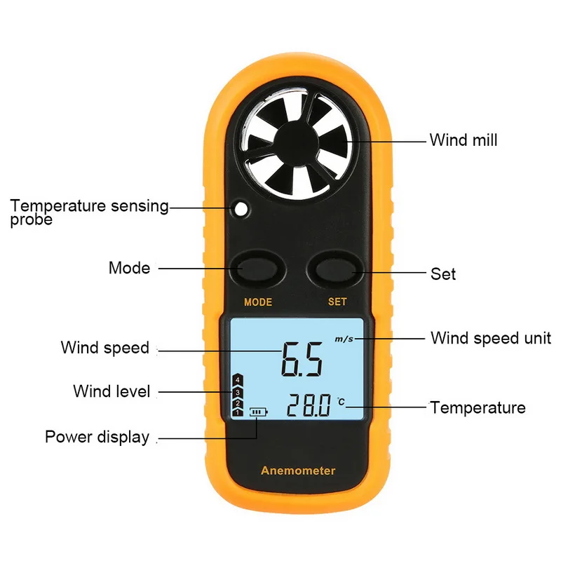 GM816 Цифровой Анемометр Термометр ручной Мини Высокая точность скорость ветра метр для измерения скорость ветра, температура - Цвет: Yellow