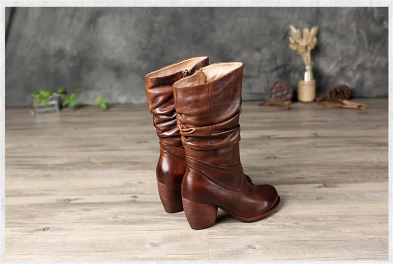 2020 Women Winter Mid-Calf Boots Genuine Leather Handmade Shoes Ladies Fashion Snow Boots Shoes Side Zipper High Heels Warm Boot (6)