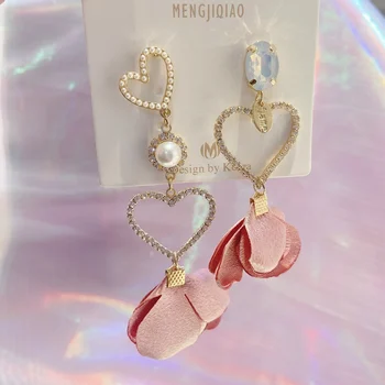 

MENGJIQIAO Korean Luxury Rhinestone Hollow Heart Dangle Earrings For Women Girls Asymmetric Cloth Flower Jewelry Pendientes