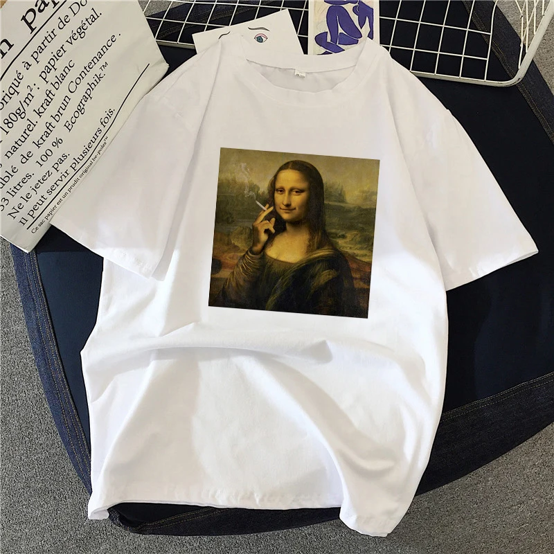 Graphic tees tops Mona Lisa prank tshirts women funny t shirt white Tops casual short Camisetas Mujer_T-Shirt