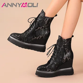 

ANNYMOLI Winter Sheepskin Ankle Boots Women Real Leather Platform Wedge High Heel Short Boots Zip Round Toe Shoes Ladies Fall 42