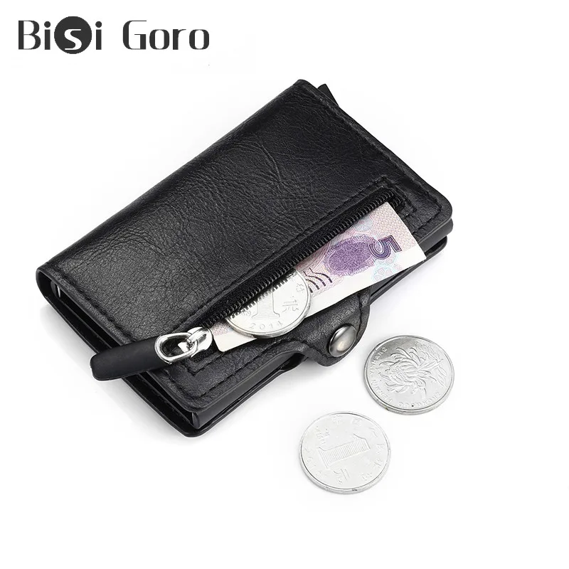Bisi Goro карбоновый черный кошелек из искусственной кожи держатель для Карт RFID блокирующая сумка для денег безопасный Кошелек для монет на молнии для мужчин и женщин