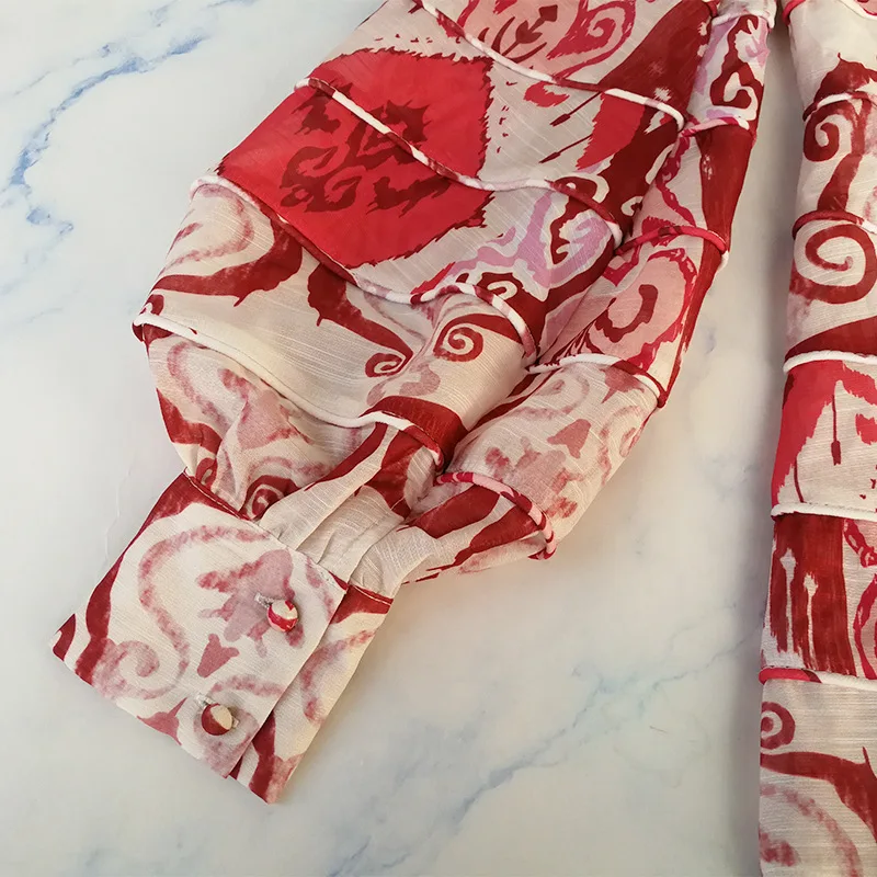 Бохо платье женское богемное бутон цветочный принт Длина по щиколотку фонарь рукав стойка воротник красный Bluw осень зима Прямая поставка