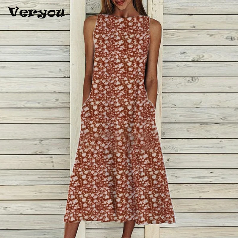 

Ladies Vintage Print Summer Dress Women Casual O Neck Sleeveless Loose Dress Plus Size Bohemian Women Beach Dress