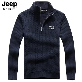 

JEEP SPIRIT Autumn Winter Sweater Men Casual Cotton Mens Sweaters Thick Fleece Warm Wool liner Stand Collar Pullover Men
