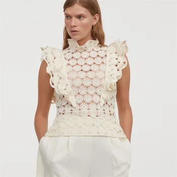 

Runway Tops 2020 Summer Elegant Ruffled White Hollow Out Lace Blouses Womens