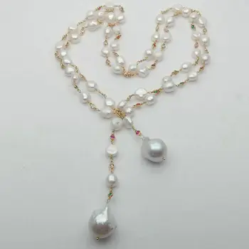 

51'' Freshwater White Keshi Pearl Mixed Color Cz Pave Chain Long Necklace