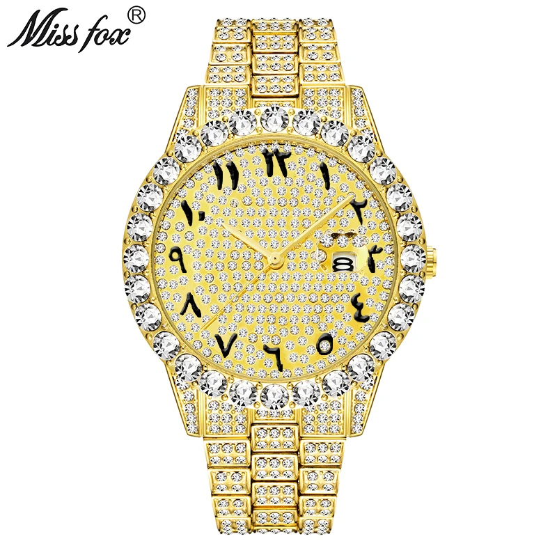 MissFox арабские цифры мужские s часы лучший бренд класса люкс rolexable_часы мужские 18 К золото большой алмаз Xfcs классические мужские часы со льдом