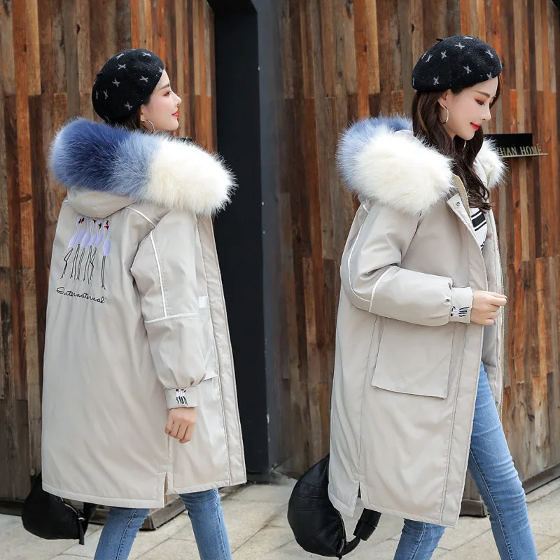 

Mid-length Cotton-padded Clothes Women's 2019 New Style Korean-style Loose-Fit Parka-Style Large Fur Collar behind Embroidered W