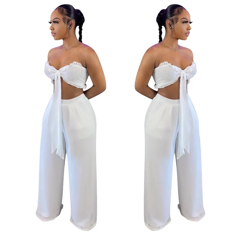 Chiffon Ruffles Lace Up Navel Sexy Fashion 2 Piece Set Women Strapless Loose Pleated Two Piece Outfits Woman Wide Leg Pant Suits solid ruffles pleated casual two piece set women sexy seersucker crop tube tops high waist wide leg pants vacation summer outfit