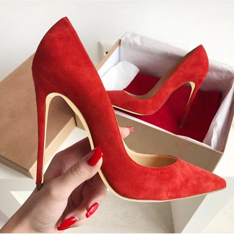 Red Suede High Heel Pumps 8 10 12cm Stiletto Heels Shallow Dress Shoes Brand Wedding Banquet Party Big Size 45 | Обувь