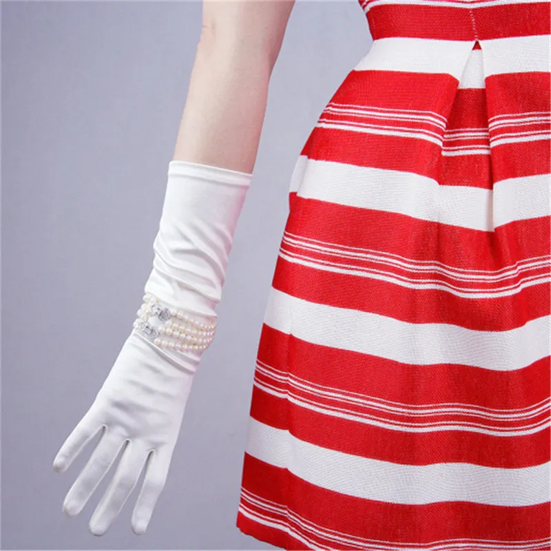 Шелковые перчатки Женские 38 см эластичные шелковые атласные темно-красные бордовые длинные солнцезащитные перчатки SCJH38 - Цвет: Beige 38 cm