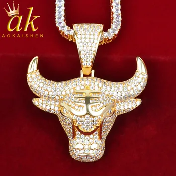 

Animal Cow pendant Pendant With Tennis Chain Gold Color Bling Cubic Zircon Men's Hip hop Necklace Jewelry For Gift