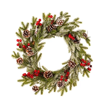 

Christmas Garland Pine Cone Red Fruit Wreath Romantic Decoration White Flocking Pendant with Frost Ornaments