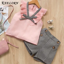 Keelorn/комплекты детской одежды для девочек брендовая модная летняя шифоновая футболка с коротким рукавом+ Шорты наряды для новорожденных девочек детская одежда