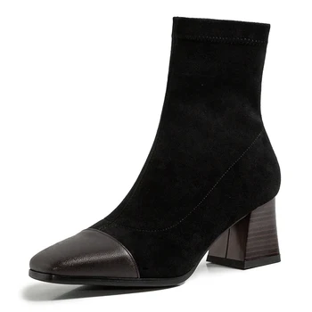 

Square Head Microfiber Stitching Matte Suede Thick Heel Elastic Boots Khaki High Heel Sleeve Autumn And Winter Women's Shoes