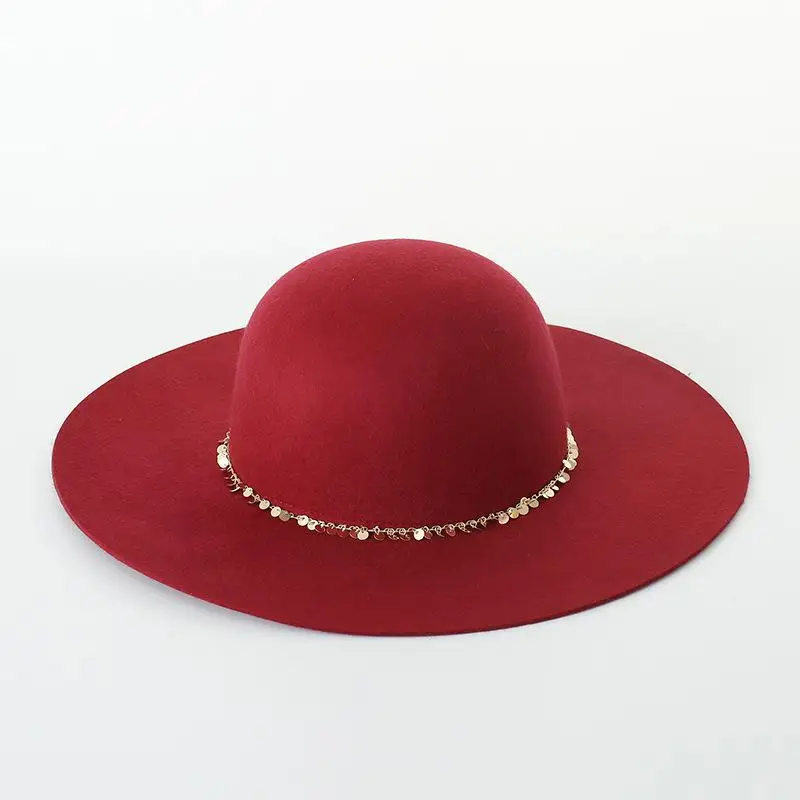 COKK, шерсть, фетровая шляпа с блестками, Золотая цепочка, Осень-зима, шапки для женщин, фетровая шляпа с широкими полями, женский круглый верх, черный, винтажный - Цвет: wine red