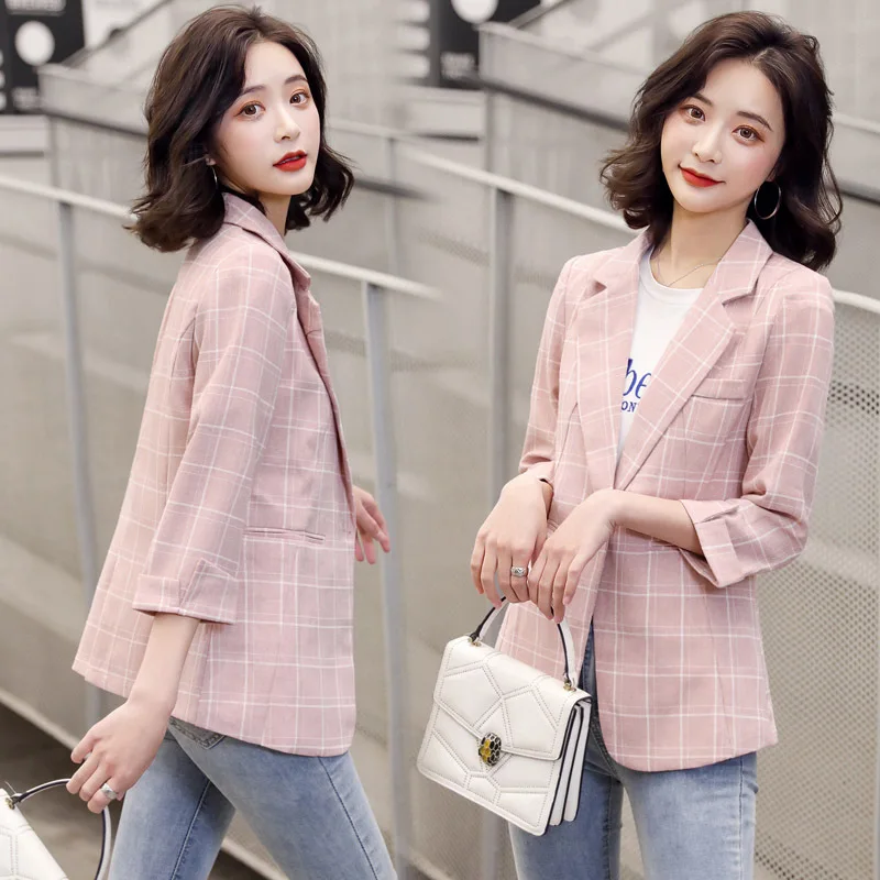 

Plaid Small Suit Collar Coat Women's Slim Fit Korean-style 2020 Spring Clothing New Style Ninth Sleeve Leisure Suit Short Coat