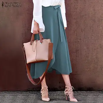 

Women's Vestidos ZANZEA 2020 Stylish Skirts High Waist Irregular Hem Split Lace-Up Midi Skirts Female Casual Solid Faldes 5XL