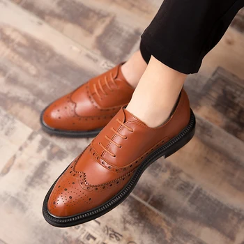 

New Leather shoes men brock British tide shoes business casual dress work pointed black wedding shoes