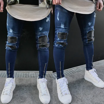 

2020 Men Skinny Denim Pants Biker Fashion Men's Washed Ripped Destroyed Jeans Straight Vintage Frayed Denim Zipper Street Pants