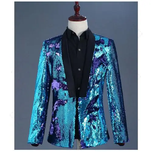 Mens Bling Bling Costume Sequin Nightclub Bar Stage Blazer Jacket Cosplay Coat - Цвет: Blue Purple