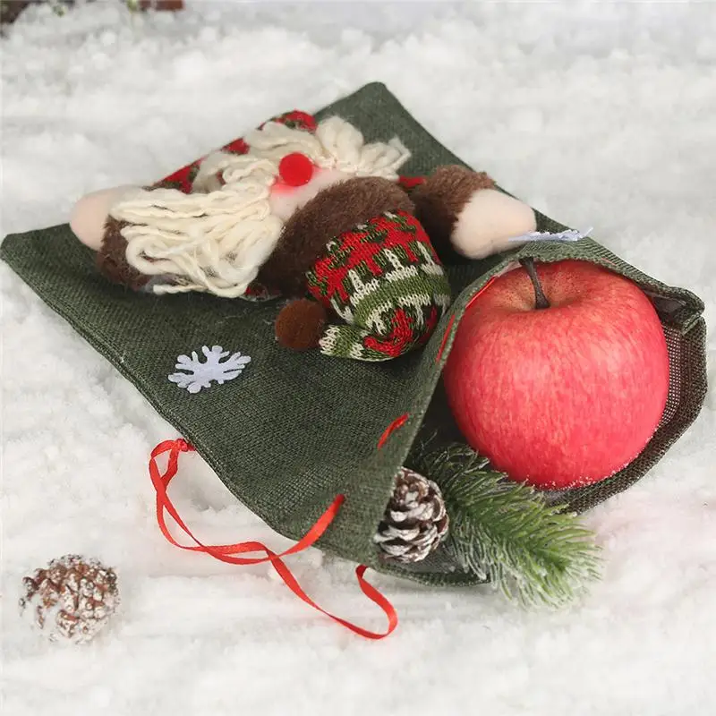 Новогодние рождественские украшения для дома, льняная Подарочная сумка на шнурке, большие конфетные рождественские мешки, праздничная мультяшная сумка Apple FZ167