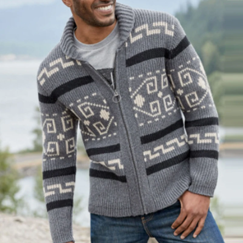 Autumn Winter Fashion Men's Knitted Sweater Vintage Pattern Print Zipper Cardigan Sweaters Men New Casual Long Sleeve Coats - Image 4