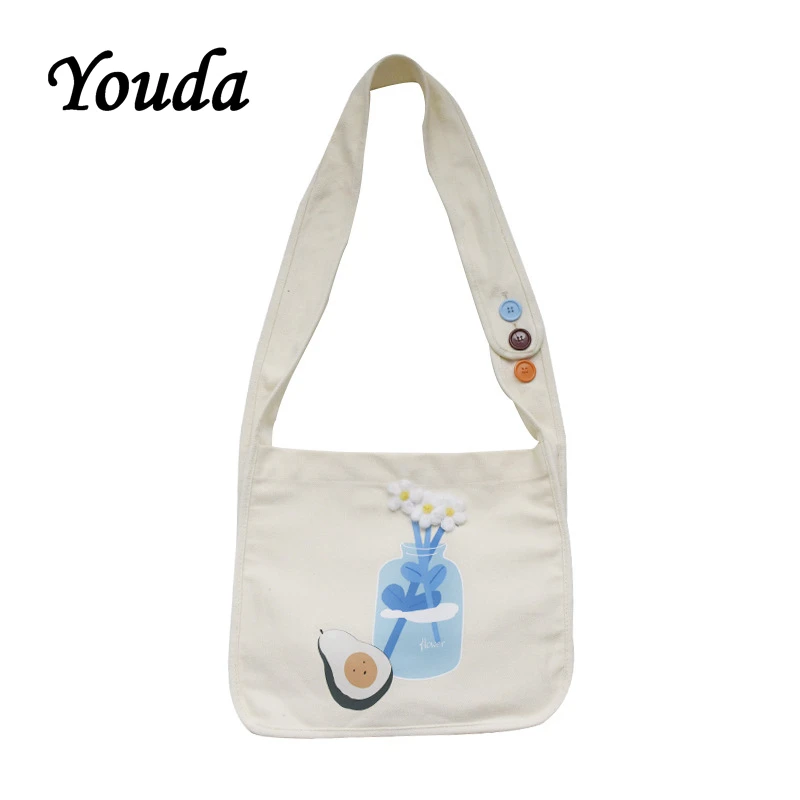 

Youda 2019 New Original Ladies Messenger Bag Button Decoration Adjustable College Style Student Canvas Bags Simple Shopping Tote