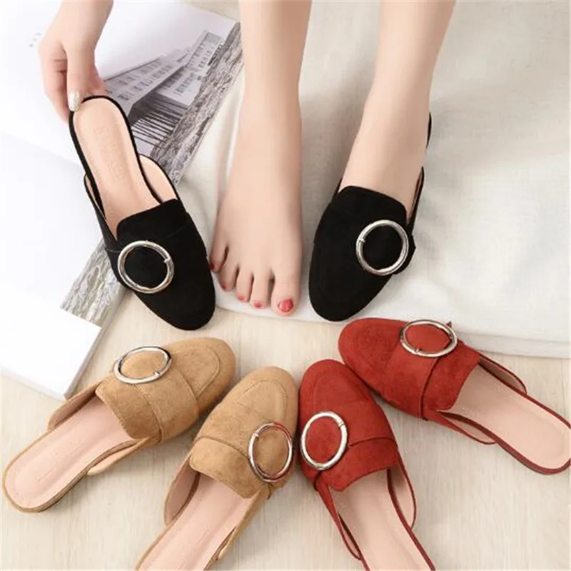 

New Autumn Women's Toe-covered Sandals Outdoor Soft Sole Slides Ladies Flat Lazy Slippers Cow Suede Woman Mules Shoes Big 31-43