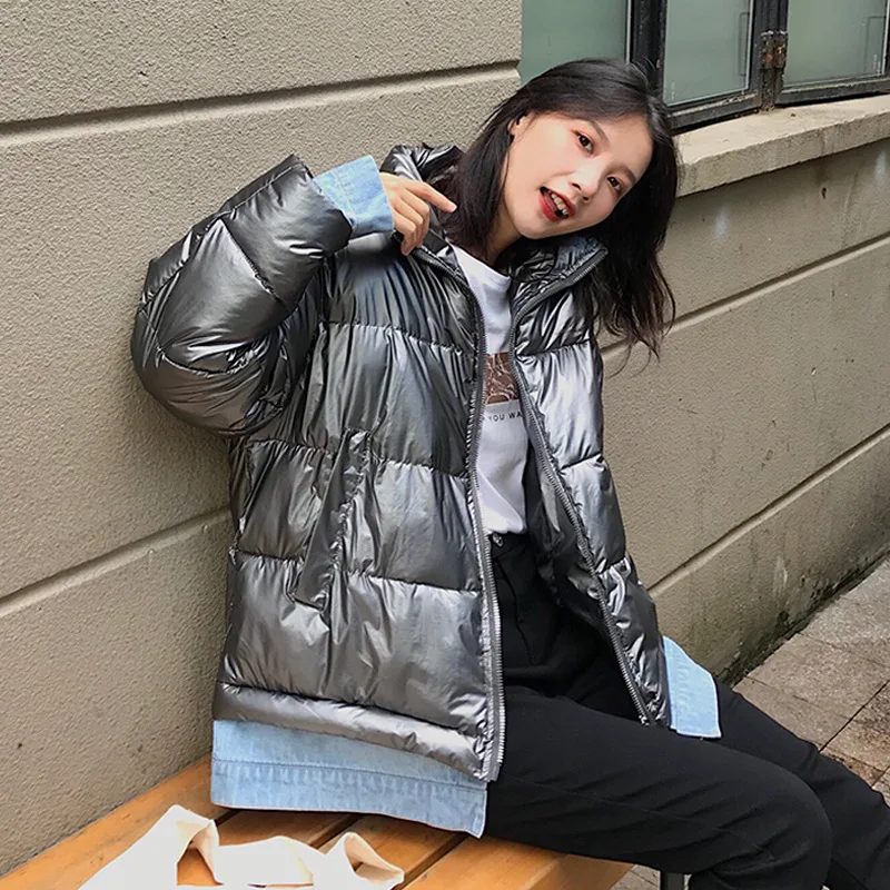 

Photo Shoot 2019 New Style Korean-style Fake Two-Piece down Jacket Female Jeans Joint Stand Collar Students Cotton Overcoat