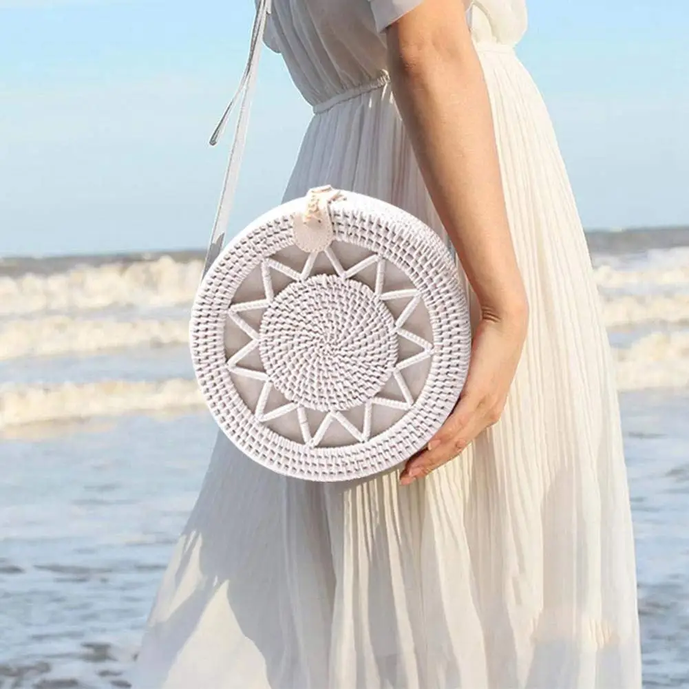 

Rattan Braided Bag Women Wicker Hand Woven Round Straw Beach Shoulder Bags White Retro Natural Tote Crossbody Bag Handbags Gift